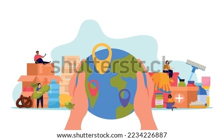 Donation and volunteer work flat colored concept the globe in hands of the man in foreground and helping people in need in background vector illustration