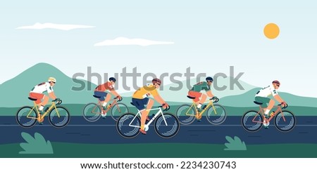 Bicycles race flat vector illustration with group of traveling bikers at mountain landscape background
