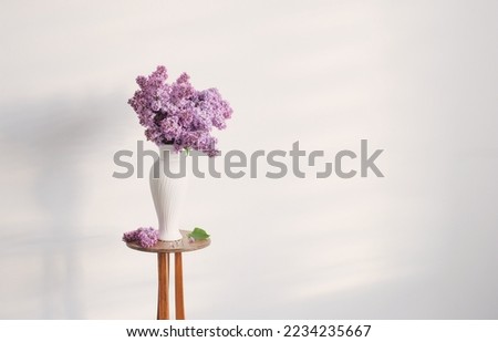 lilac flowers in white vase on background white wall