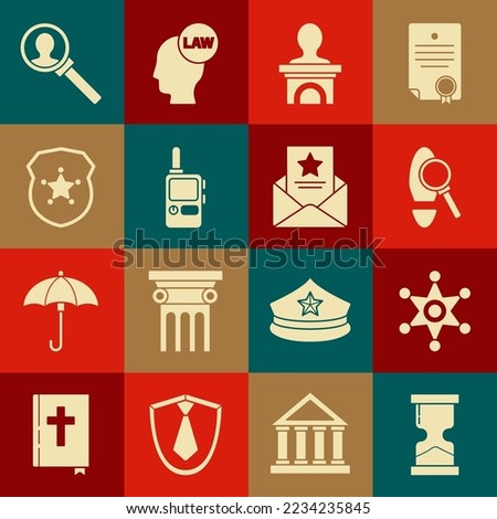 Set Old hourglass, Hexagram sheriff, Magnifying with footsteps, Stage stand or debate podium rostrum, Walkie talkie, Police badge, for search and The arrest warrant icon. Vector Royalty-Free Stock Photo #2234235845