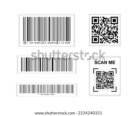 Dummy Barcodes and QR code label Collection. Code stripes stickers, digital bar labels, and retail pricing bars labeling stickers. Industrial dummy barcodes set 