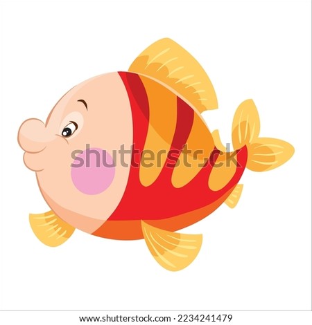 character, cute red-yellow fish swims up, cartoon illustration, isolated object on white background, vector, eps