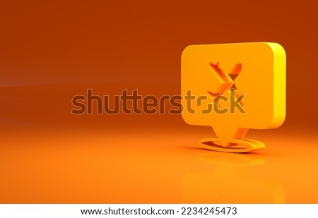 Yellow Speech bubble with airplane travel icon isolated on orange background. Plane flight transport sign. Holidays symbol. Minimalism concept. 3d illustration 3D render .