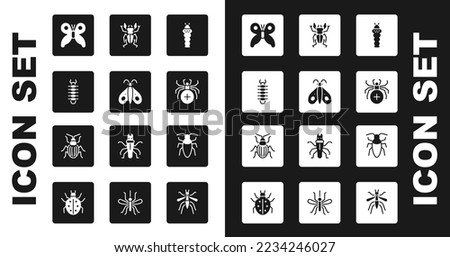 Set Larva insect, Butterfly, Centipede, Spider, Beetle deer, Cockroach and Chafer beetle icon. Vector