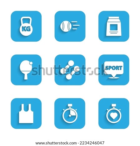 Set Dumbbell, Stopwatch, Heart in the center stopwatch, Location gym, Sleeveless T-shirt, Racket and ball, Sports nutrition and Kettlebell icon. Vector