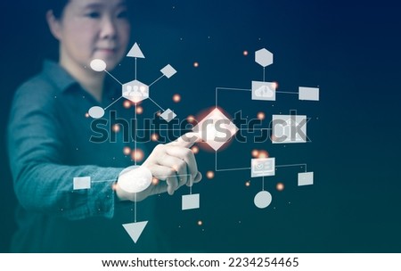 Workflow automation with flowchart. Business hierarchy structure. Virtual screen Mind map or Organigram. Relations of order or subordination between members. Analysis and optimization of workflows. Royalty-Free Stock Photo #2234254465