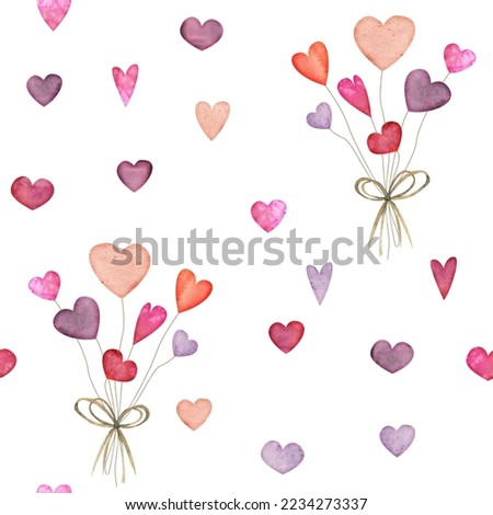 Watercolor hand drawn seamless pattern of red and purple hearts, bouquets for Valentine's day. Isolated on white background. Design for paper, love, greeting cards, textile, print, wallpaper, wedding.