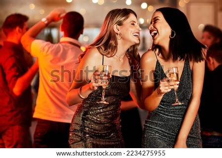Women, laughing or bonding in champagne night party, clubbing event or birthday celebration in New York. Smile, happy people or friends with alcohol glasses on luxury restaurant or disco dance floor Royalty-Free Stock Photo #2234275955