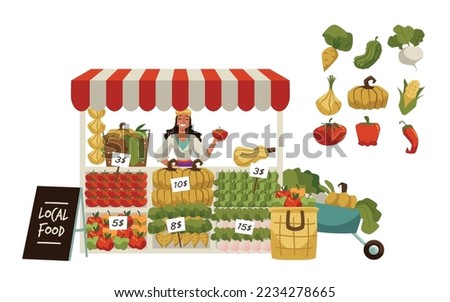 Happy woman selling fresh vegetables and fruits at local food market, flat vector illustration isolated on white. Concepts of farming and harvesting. Market stall with pumpkin, tomato, cucumber.