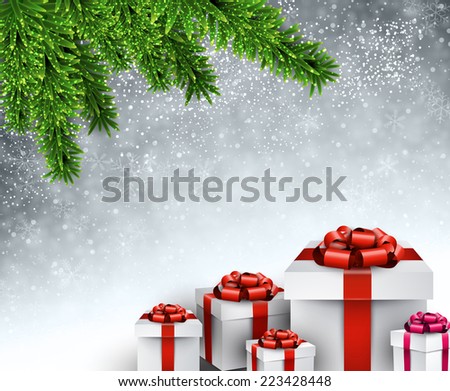 Christmas gifts under spruce twigs. Vector illustration. 