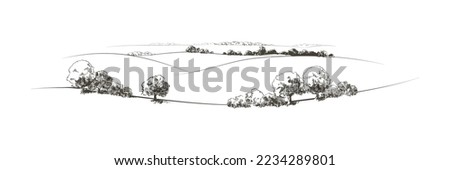 Vector sketch Green grass field on small hills. Meadow, alkali, lye, grassland, pommel, lea, pasturage, farm. Rural scenery landscape panorama of countryside pastures. Line sketch illustration Royalty-Free Stock Photo #2234289801