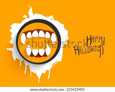 Poster and banner for Halloween party with horrible teeth and stylish wishing text on bright orange background.