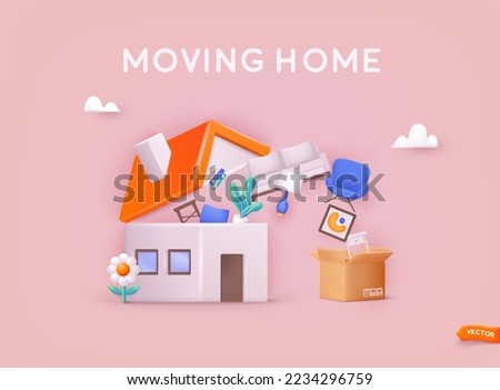 Moving home. Open cardboard box with furniture armchair, chair and table lamp, move and delivery concept. 3D Web Vector Illustrations.