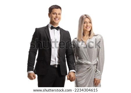 Elegant young couple holding hands isolated on white background