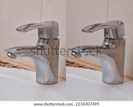 Compare image before- after cleaning with special detergent of the dirty stainless faucet cover with dirty hard calcium water stain in the bathroom. Old dirty faucet with clean and shiny like new Royalty-Free Stock Photo #2234307499