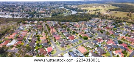 Panoramic aerial drone view of Voyager Point in South West Sydney, NSW Australia with Georges River in the background showing development of housing and parks   Royalty-Free Stock Photo #2234318031