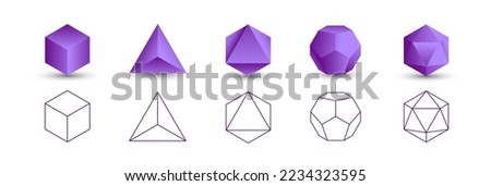 Set of purple vector editable 3D platonic solids isolated on white background. Mathematical geometric figures such as cube, tetrahedron, octahedron, dodecahedron, icosahedron. Icon, logo, button. Royalty-Free Stock Photo #2234323595