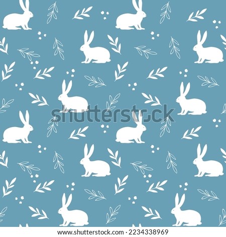 Seamless Pattern with bunny rabbits and floral element on blue background. Vector illustration. 