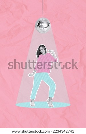 Artwork magazine collage picture of smiling happy lady having fun disco ball lights isolated drawing background