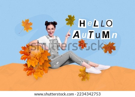 Photo collage artwork minimal picture of lady pointing finger showing gesture sign hello autumn letters isolated drawing background