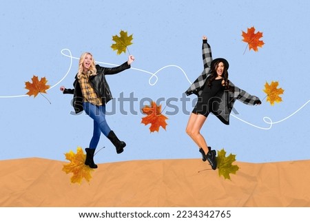 Collage photo picture two young dancing outdoors excited positive ladies celebrate last october days leaves falling isolated on blue color background