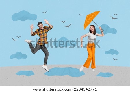 Photo collage cartoon comics sketch picture of funky carefree guy lady enjoying rainy fall weather isolated drawing background