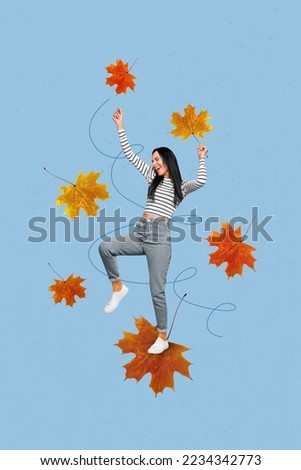 3d retro abstract creative collage artwork template of lucky happy smiling lady having fun autumn leaves isolated painting background