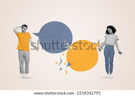 Collage photo of two young funny people misunderstanding shrug shoulders no idea talking about nothing isolated on white color background