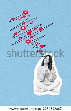 Creative photo 3d collage artwork postcard poster of young blogger dream more instagram facebook likes isolated on painting background
