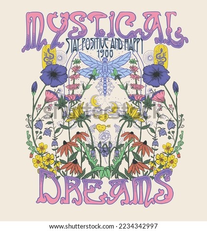 MYSTICAL DREAMS.Retro 70's psychedelic hippie element illustration print with groovy slogan for man - woman graphic tee t shirt or sticker poster - Vector