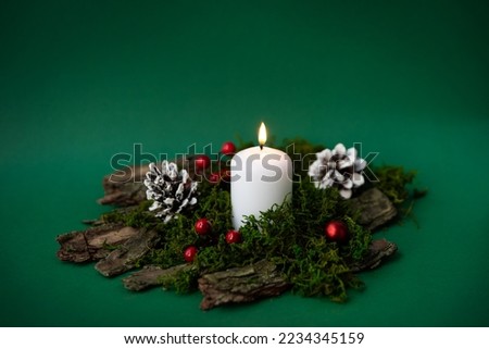 A Christmas white candle stands in the bark of a tree against a dark green background.