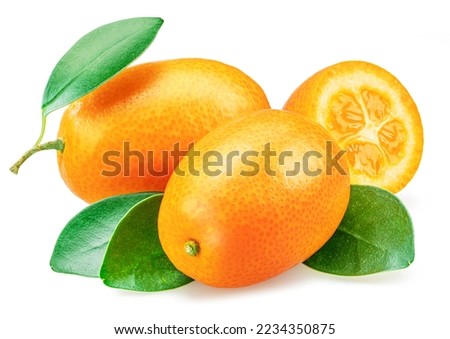 Kumquat fruit and cross cut of kumquat with leaves isolated on white background. Royalty-Free Stock Photo #2234350875