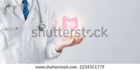 doctor in a white coat hands holding stomach with intestine virtual icon, probiotics food for gut health, colon cancer, bowel inflammatory. Health checkup concept. Royalty-Free Stock Photo #2234351779