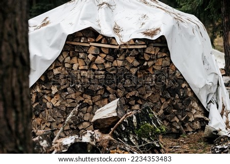 Wooden natural logs. A pile of stacked firewood