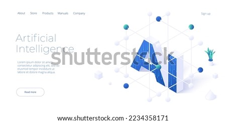 Artificial intelligence or neural network concept in isometric vector illustration. Neuronet or ai technology background with data screens and cloud connection. Web banner layout template Royalty-Free Stock Photo #2234358171