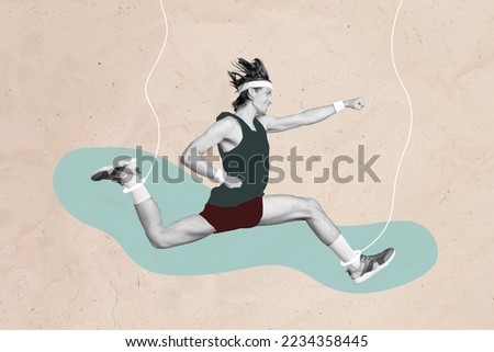 Collage artwork graphics picture of purposeful sporty guy running fast hanging ropes isolated painting background
