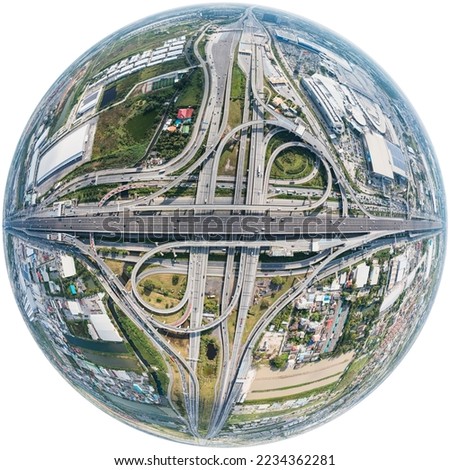 360 Degree Stereographic projection of Expressway top view, Road traffic an important infrastructure in Thailand. Road and Roundabout, multilevel junction motorway with Clipping path.