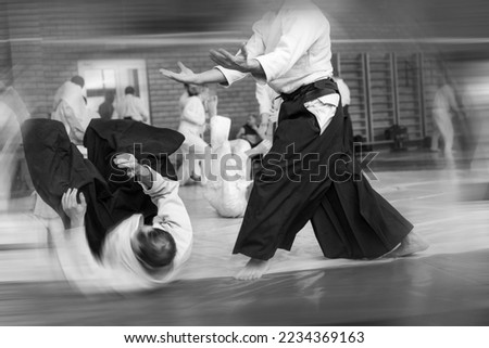Aikido lifestyle. Black and white sports background in the style of film photography with motion blur and expressionism. Royalty-Free Stock Photo #2234369163