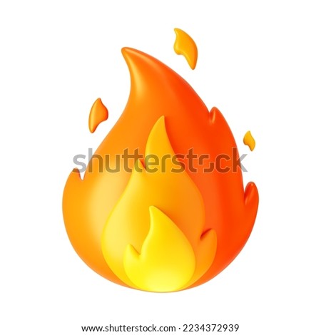 3d fire flame icon with burning red hot sparks isolated on white background. Render sprite of fire emoji, energy and power concept. 3d cartoon simple vector illustration Royalty-Free Stock Photo #2234372939
