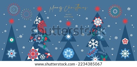 Merry Christmas and Happy New Year banner. Horizontal holiday poster with Christmas trees, snowflakes and stars on a blue background.