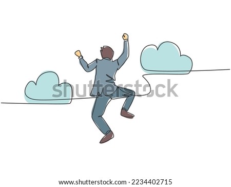 One line drawing of young happy and energetic business man punching a fist into the air and jumping over the cloud. Business success celebration concept continuous line draw design vector illustration