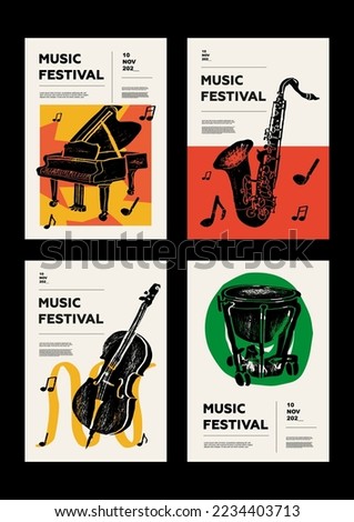 Piano, saxophone, sax, contrabass, cello, drum. Music festival poster. Musical instruments. Competition.  A set of vector illustrations. Minimalistic design. Banner, flyer, cover, print. Royalty-Free Stock Photo #2234403713