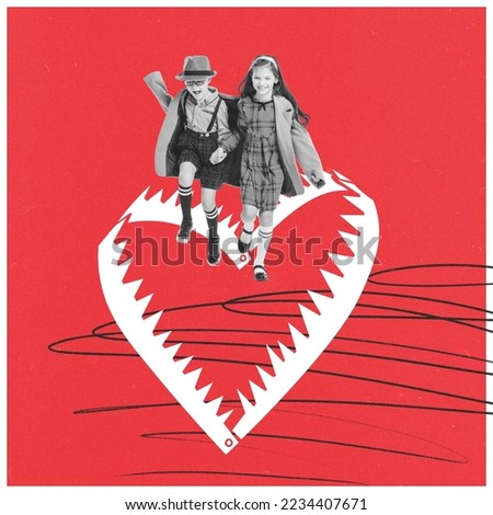 Contemporary art collage. Beautiful children, little boy and girl in stylish autumn clothes holding hands and running. Valentine's Day fun. Concept of love, relationship, romance, emotions. Poster, ad