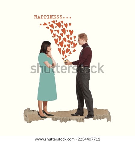 Contemporary art collage. Young man giving little present to his girlfriend. Emotions. Celebration, dating. Concept of love, relationship, Valentine's day, romance, emotions. Poster, ad