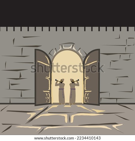 Two priests blow silver trumpets at an open gate of the famous Holy Jewish Temple in the old city of Jerusalem.
Black sky, strong light coming from inside. Artistic historical flat vector drawing.