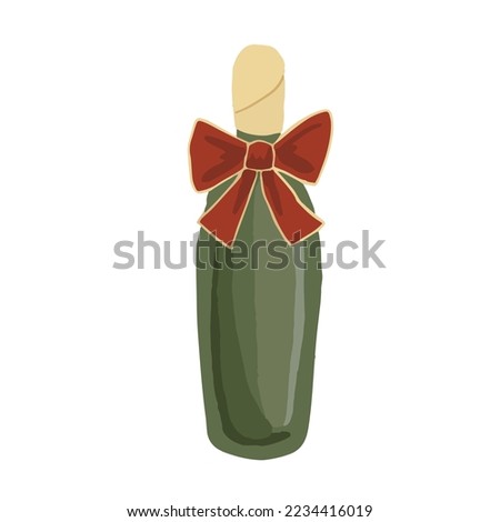 Hand-drawn cute isolated clip art illustration of champagne bottle. Watercolor style festive green alcohol glass bottle with red bow and golden cap, drawing on white background.
