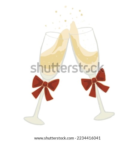 Hand-drawn cute isolated clip art illustration of two glass of champagne with red bow. Vintage festive cheers couple wine glass with sparkling alcohol. Vector illustration EPS 10