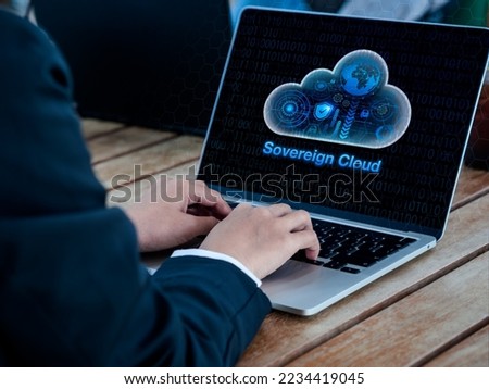 Sovereign cloud technology concept. Global network and solution, management, secure icon on laptop computer screen. Data security, control and access with strict requirements of local laws on privacy. Royalty-Free Stock Photo #2234419045