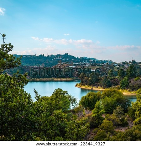 The tranquil landscape of Hollywood Reservoir and Lake Hollywood Park in Los Angeles, California 