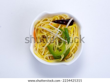 Singapore style noodles, Chinese cuisine pictures, isolated on white background.